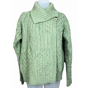 Inis Crafts Merino Wool Crossover One-Button Irish Cable Knit Fisherman S Green